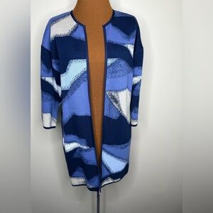 Chico's Open Front Cardigan Sweater Blue Color Blocked 3/4 Sleeve Size Small